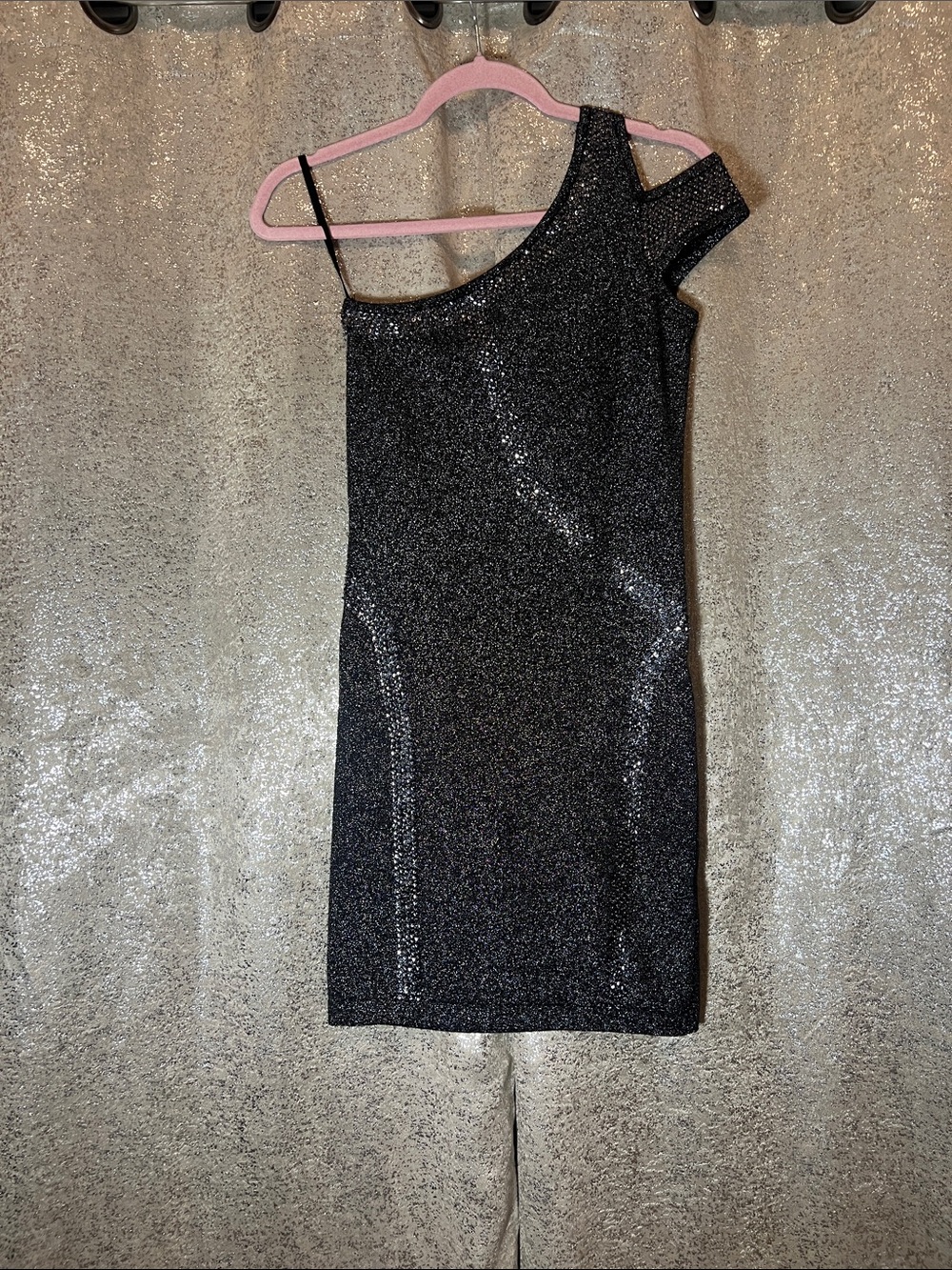 Sexy BEBE Black Shimmery Bodycon One-Shoulder Mini Dress w/Bead & Sequin Detail
